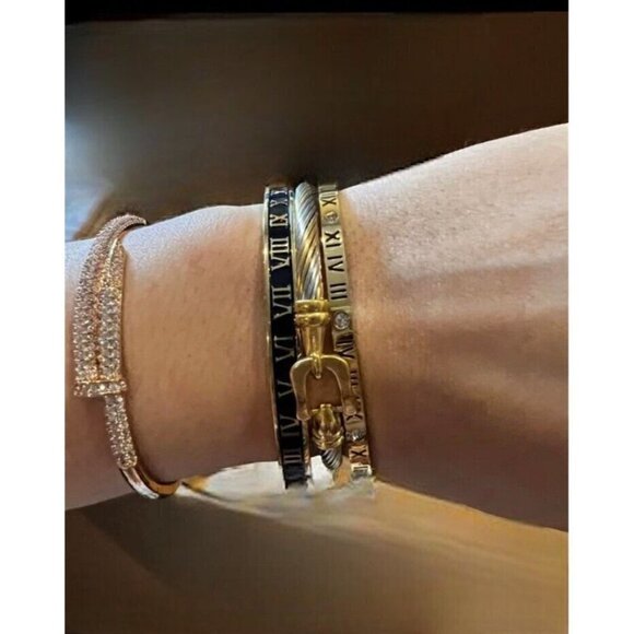 White Gold Roman Numeral Bangle Bracelet Cubic Zirconia Stackable womens jewelry - Picture 9 of 9